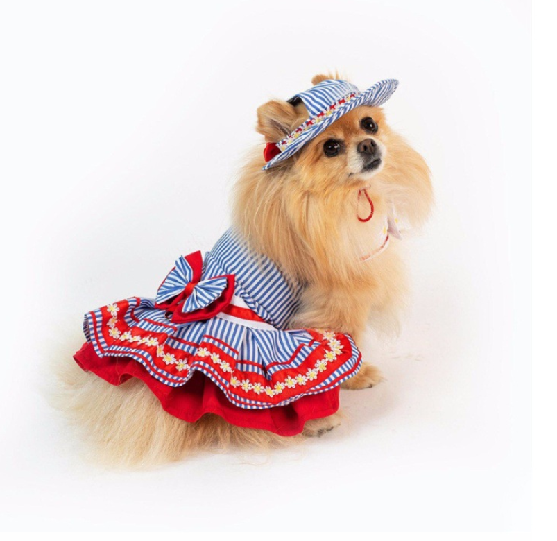 Nautical Style Striped Dog Dress with Matching Hat Pet Costume
